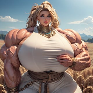 ((1girl, solo, Wheatfield, Distant ruins, looking down at viewer, humble farmer harvesting the fields)), extremely massive gigantic muscular muscle woman with pumped massively swollen masculine muscles, dainty hands, enormous, hugely oversized, feminine bodybuilder with extraordinarily large muscles, extremely massive gigantic high-profile breast implants, massively bigger breasts, ((intricate jeweled tunic, wrist wraps, jewellery, bronze highlights)), ((ultra massive gigantic trapezius)), (biggest eyes, longest eyelashes, Big lips, biggest ultra massive lips), smirk, (massive high volume hair, wild outlandish blonde hair tied in pigtails, extra volume), ((massively muscular thick neck, very tall neck)), (has Ultra Massive muscular arms with Gigantic biceps, massively bigger biceps), ((massively bigger trapezius)), brutalmass,b1mb0,viking