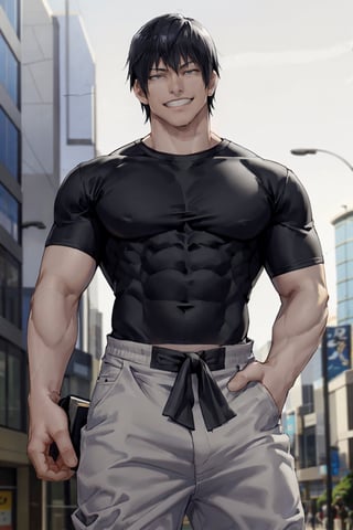 masteroiece, best quality, flat, 1boy, t0uj1, black hair, black shirt, short hair, black eyes,  white baggy pants, bangs, muscular male, outdoors,  shibuya, evil grin,colth,More Detail