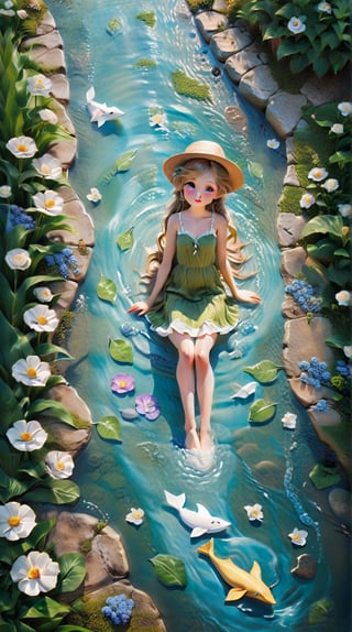 Landscape painting, large stream, stepping stones, girl sitting with her feet in the stream and floating a paper boat, dress, elegantly blowing hair, hat made of woven flowers, pale skin, acrylic, fantasy, detailed eyes, detailed fingers, realistic eyes, drawn eyes , white eyelashes, detailed face, bright and bright eyes, dancing light, highly detailed face, paper boat,