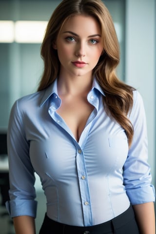 Office girl with huge boobs, wearing an open button-up shirt, displaying cleavage. Showcasing her curves with a Canon EOS Rebel T7i, using a 50mm lens for a crisp shot. Soft lighting enhances her features, positioned off-center for a dynamic composition. Shot from a low angle to emphasize her figure. Incorporating warm tones to highlight her vibrant presence.