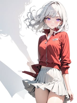 //Character, solo, 1girl, white hair, purple eyes,
//Fashion, school uniform, red jacket, pleated skirt
//Background, simple background, 
//Quality, (masterpiece), best quality, ultra-high resolution, ultra-high definition, highres, intricate, intricate details, absurdres, highly detailed, finely detailed, ultra-detailed, ultra-high texture quality, natural lighting, natural shadow, dramatic shading, dramatic lighting, vivid colour, perfect anatomy, 
//Others, 