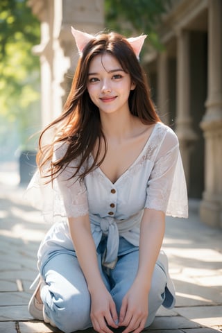 Super wide-angle panoramic shooting.  A vast and secluded garden castle.  ((Complete White Castle Architecture)).  ((( 1 girl, 1 cat ))).  An elegant woman, (((crouching sideways, playing with a little orange cat))).  The girl has long brown hair, medium breasts, and is wearing a light blue denim short-sleeved midi dress.  The dress has a square neckline, short sleeves, a row of buttons at the front, and a black belt around the waist.  The background is blurred.  The soft light enhances the ethereal dreamy quality of the scene.  The serene expressions and graceful gestures of the subject figures, coupled with the harmonious blend of natural and architectural elements, evoke a calm beauty.  The dress and environment highlight the combination of fantasy and reality, emphasizing the artist's attention to detail and vibrant colours.