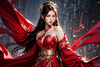 This image shows a dramatic, fantasy-style promotional art photography, in the center of which is a delicate woman in traditional Chinese dress, wearing a flowing red robe that exposes all shoulders, and an exquisite Hair accessories.  She posed gracefully, holding a red and black fan in her right hand.  The background is a misty landscape, dotted with golden light spots, creating a dreamy, ancient atmosphere.  The woman is surrounded by dynamic swirls of red fabric, adding movement and emphasis to the image.  The overall color palette emphasizes reds, golds and soft natural tones.