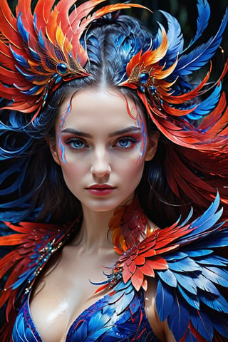 A captivating and enigmatic abstract portrait of a mythical phoenix woman, masterfully crafted through a harmonious fusion of intricate lines, shapes, and vibrant splashes of blue, red, and white. The fragmented nature of the portrait creates a multi-dimensional and layered effect, with piercing, emotional eyes that capture depth. The contemporary art style masterfully blends realism and abstract elements, creating a visually striking and original piece that defies traditional portraiture. The vibrant colors and unique composition evoke a sense of power and transformation, as the phoenix woman emerges from the ashes, symbolizing rebirth and renewal. Macro photography by Tsutomu Nihei captures the complex world of infinite color rainbow dewdrops, where Mika Asai's sparkling pearls of water reflect the sun's light, each drop acting as a pr