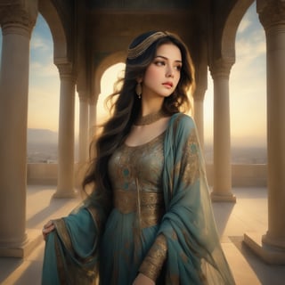 An awe-inspiring image of Princess Mandana standing majestically within the ancient and grand Tachara Palace. The Achaemenid architectural marvel is adorned with towering columns and intricately carved stone walls, showcasing the rich history and Persian artistry. Princess Mandana stands tall, her posture regal and serene, gazing thoughtfully towards the horizon. She is dressed in exquisite Achaemenid attire, decorated with intricate patterns and luxurious fabrics, signifying the opulence of Persian royalty. Her flowing hair is caught in the breeze, framing her face with a sense of movement and elegance. In her hand, she holds an ancient, beautifully bound book, symbolizing knowledge and wisdom. The serene atmosphere and expansive sky create a sense of elegance, contemplation, and regal dignity, capturing the essence of Princess