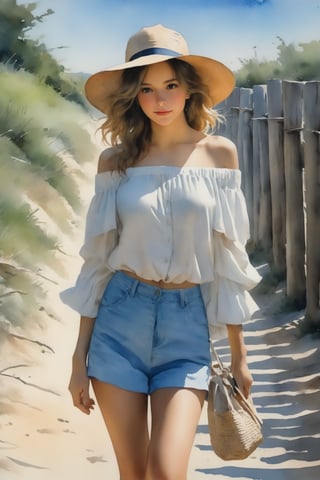 A stunning watercolor painting capturing a close-up view of a young, carefree woman strolling along a sandy pathway, surrounded by wooden fences. The vibrant colors of her wide-brimmed hat, white off-shoulder top, and blue denim shorts contrast beautifully against the warm sand. She carries a white bag adorned with blue horizontal lines on her shoulder, and in her other hand, she effortlessly holds a pair of sandals. The clear sky above is dotted with birds, creating a serene atmosphere that perfectly encapsulates the essence of a tranquil beach setting.ᎩᗩᏆᔑ(◠‿◠), cinematic, painting, illustration, vibrant