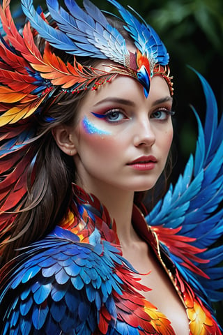 A captivating and enigmatic abstract portrait of a mythical phoenix woman, masterfully crafted through a harmonious fusion of intricate lines, shapes, and vibrant splashes of blue, red, and white. The fragmented nature of the portrait creates a multi-dimensional and layered effect, with piercing, emotional eyes that capture depth. The contemporary art style masterfully blends realism and abstract elements, creating a visually striking and original piece that defies traditional portraiture. The vibrant colors and unique composition evoke a sense of power and transformation, as the phoenix woman emerges from the ashes, symbolizing rebirth and renewal. Macro photography by Tsutomu Nihei captures the complex world of infinite color rainbow dewdrops, where Mika Asai's sparkling pearls of water reflect the sun's light, each drop acting as a pr