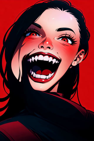 bznoir, 1girl, solo, long hair, looking at viewer, smile, open mouth, black hair, red eyes, teeth, glowing, sharp teeth, portrait, red background, red theme, crazy eyes, crazy smile