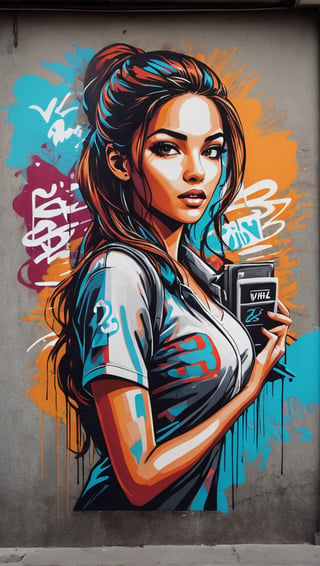 graffiti of beautiful woman as center of composition. she holding nameplate with text ((("VidArtist23"))), graffitiXL, high quality, street art, wall_writing, vibrant, colorful, crisp lines