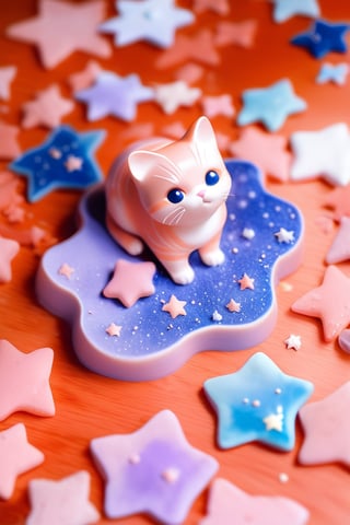 A cat is playing with clay and making many stars
, Photography, Best Quality, Medium Shot, 9:16,sangonomiya kokomi (sparkling coralbone)