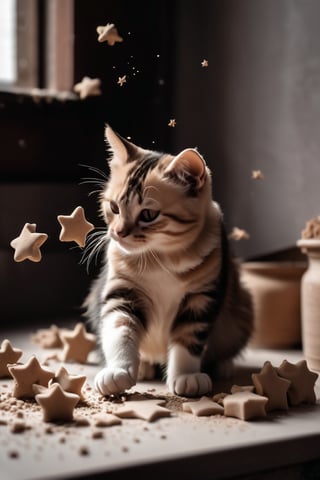 A cat is playing with clay and making many stars
, Photography, Best Quality, Medium Shot, 9:16