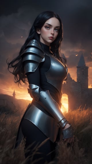 wallpaper, ultra detailed, beautiful and aesthetic, masterpiece, Woman, the most beautiful form of chaos, elegant, a brutalist designed, vivid colours, solo, abandoned, dramatic ligting, Realist portrait of a deception of (a warrior standing, ((On a field)), ((Fully clothed)), ((glossy skin-like armor)), (()), sunset, golden hour light, Overcast, Detailed background, Dark, field, looking to horizont, Cinematic, pessimistic, Masterpiece, Best quality, RAW photo, up-close, zoomed, Photorealistic, ((view the viewer)), Hold yourself, Translucent, , beautiful realistic photo, Surreal fantasy photos, 8K, Ultra detailed, Detailed skin, perfect eyes, perfect skin, ((fire particles)), (()), (before battle), angle of view, Portrait, bottom angles, (Mist, Shallow, castle, village, depth of field), cool vibes, killer, masterpiece, tense atmospheric, Comic Book-Style, Movie Aesthetic, action shot, photo real