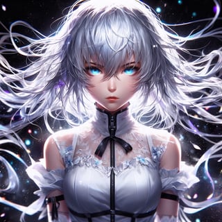 (1girl) Portrait, full body shot, best quality, ultra high resolution, ultra detailed, transparent air , stunning fluid air, detailed, light particles, vivid colors, high contrast tones, extremely detailed lighting, cinematic lighting, soft lighting, (Masterpiece, High Quality: 1.4), (Ken Kaneki, gray hair, white hair , blue eyes, white clothes, ), black bottom, thrilling, (fierce face), Kaneki