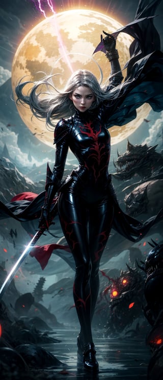 <image>In this otherworldly scene, (an ethereal beauty clad in the armor of a samurai), (her graceful figure adorned with the markings of a venom symbiote). (Her long silver hair flows behind her, dancing in the unearthly wind). (She wields a glowing blue katana with deadly precision), (the blade slashing through the air in a graceful arc). (A mechanized suit of armor, (almost organic in its design), (covers her lower body, its joints moving with an otherworldly fluidity). (Her face remains stoic and unyielding, focused on the enemy before her).

(In the background, (a bizarre alien landscape), (with towering crystalline structures and (shimmering fields of energy)). (The sky above is a swirling vortex of colors, (as if the very fabric of reality is being warped and twisted)). (The air crackles with the energy of an impending storm). (Suddenly, a beam of light cuts through the sky, striking the ground nearby). (The impact sends a shockwave rippling across the landscape, causing the samurai lady to lose her balance for a moment). (She regains her composure quickly, (focusing on the task at hand))). (As she prepares to deliver the final blow), (a small, glowing orb flies out of nowhere and attaches itself to her back). (The orb pulses with energy, (healing her wounds and replenishing her strength)). (With renewed vigor), (she completes her attack, decapitating her foe). (The headless body crumples to the ground, (as the venomous symbiote detaches itself and floats off into the distance)). (The samurai lady turns away from the battle, (her work now done)). (She walks towards the horizon, (her figure slowly fading into the distance)), (as if she was never there at all),venom