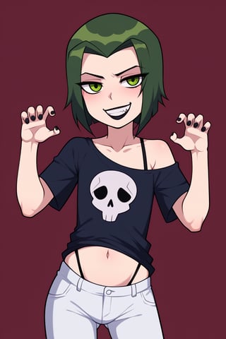 score_9, score_8_up, score_7_up, score_6_up, score_5_up, score_4_up, Loli, girl, skinny, slim build, Shorty, absurdly skinny body, 

Raven, lite skin, green eyes, black-green hair, hair that glows green, short hair, chin-length hair, perfectly straight hairline, perfectly straight bangs, getsugao, baring his teeth, playful expression, evil smile, fun, indifferent expression, emotionless expression, year, skull, skull clip, piercing, black lipstick, black nails, short T-shirt, bare tummy, thin belly, gothic attributes, bare shoulders, thin straps, collarbones, white trousers, tight clothes, bulging hips, sexy hips, flaunting hips, 

playing pose, full body panorama, dark-red background, 

,