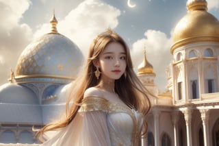 best quality, masterpiece, beautiful and aesthetic, 1 girl, very bright backlighting, solo, {beautiful and detailed eyes}, dazzling moonlight, calm expression, natural and soft light, hair blown by the breeze, delicate facial features, Blunt bangs, beautiful korean girl, eye smile, very small earrings,(,18yo, film grain, realhands, shy smile, Realism, looking towards me, body towards me, fantasy landscape, Full length view, half body view, front shot, eye level shot, fantasy background, friendly setting, red and blue dress with gold oranments,  in a city on clouds, with  elegant buildings in the coulds, fantasy like buildings, fantays city in the clouds, living in the clouds, very subtle elegant buildings, ornamented buildings, in the clouds, world of warcraft, Dalaran, Darlaran style, moon arcs, domes, white gld blue dome roofs, a fantasy city in clouds, vivid and lively surroundings,  elegant buildings, sperated bulidings in the sky, moon arcs in the sky, calm and tranquil mood, magical atmosphere, a fairytale oasis filled with magic, houses, building, epic, scenery, living in the clouds, does not even exist, detailed building, subtle architecture, light coloured building, detailed ornaments, with elegant buildings in the coulds, fantays city in the clouds, 1 girl 