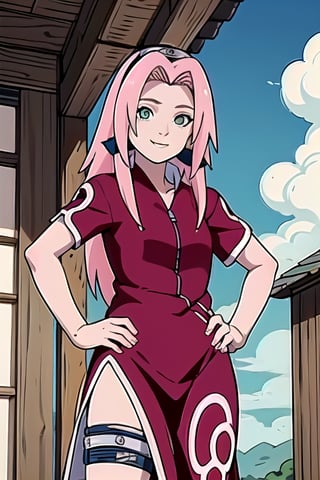 masterpiece, best quality, 1girl,haruno sakura, pink hair, long hair, green eyes, forehead protector, smile, hands on hips, blue sky, cloud, hidden village 