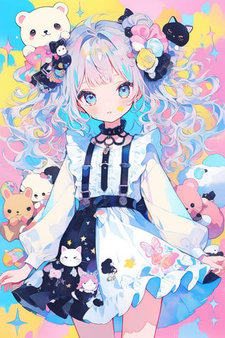  masterpiece, best quality, whimsical and colorful illustration featuring two charming Kawaii girls, donning adorable pastel outfits and cute accessories, striking playful poses as vibrant paint splatters and drips swirl around them, adding a touch of whimsy and dynamism to their cute anime-inspired characters, Illustration, mixed media (digital painting and traditional watercolor),multicolored hair, multicolored eyes, multicolored_dress, (multicolored_background:1.4), long hair,kawaii,deco , decora ,DECORA, Japanese aesthetic and fashion deco, ((((deco)))) decora, tokyo fashion... colorful clothing surrounded by other colorful objects on top ,dolls on head, stuffed Toys, collars, animals, stickers on face , on body, hair ornament, emo