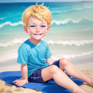 Portrait scene of a 3 year old boy smiling on the beach in semi-realistic cartoon style on top of the beach sand.  He has blond hair, blue eyes and is sitting on the beach with his legs closed, looking at the waves gently lapping at the shore.  (portrait 15×15)