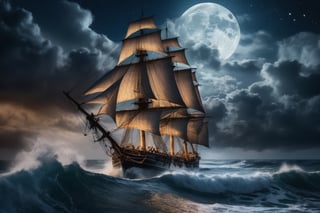 High quality picture, picture perfect, 8k, perfect details, an old sailing ship in the middle of the ocean on a stormy night with big waves, but the sailing ship is very big and can withstand the big waves, wooden ship، Dream ship, very beautiful ship, fantasy ship، night ، big moon ،the milky way ، Cloud on the half moon،A very amazing and beautiful image