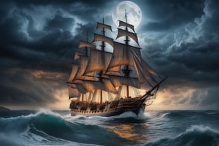 High quality picture, picture perfect, 8k, perfect details, an old sailing ship in the middle of the ocean on a stormy night with big waves, but the sailing ship is very big and can withstand the big waves, wooden ship، Dream ship, very beautiful ship, fantasy ship، night ، big moon ،the milky way ، Cloud on the half moon،A very amazing and beautiful image