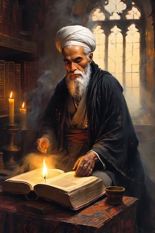 A wise old man and an Islamic scholar with an appearance similar to Ibn Sina, who wears a white turban. Sitting alone, shrouded in darkness, a mysterious white cloak wrapped around him. Behind him is a library room filled with books and old laboratory glassware. He holds an open book, the yellow pages lit by the soft glow of candles on a nearby stand. Flickering flames dance across her pale face, casting eerie shadows as she reads intently from an ancient tome. A skull rests on a plinth nearby, its blank gaze seeming to watch over the wise old scholar's quiet devotion.