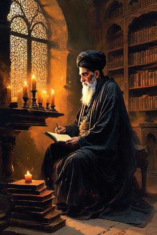 A wise old man and an Islamic scholar with an appearance similar to Jaber bin Hayyan who wears a black turban. Sitting alone, shrouded in darkness, a mysterious white cloak wrapped around him. Behind him in the library room with a window with Islamic architecture. There are books and materials with old laboratory glassware. He holds an open book, the yellow pages lit by the soft glow of candles on a nearby stand. Flickering flames dance across her pale face, casting eerie shadows as she reads intently from an ancient tome. A skull rests on a plinth nearby, its blank gaze seeming to watch over the wise old scholar's quiet devotion.
