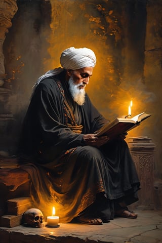 A wise old man and an Islamic scholar with an appearance similar to Ibn Sina, who wears a white turban. Sitting alone, shrouded in darkness, a mysterious white cloak wrapped around him. He holds an open book, the yellow pages lit by the soft glow of candles on a nearby stand. Flickering flames dance across her pale face, casting eerie shadows as she reads intently from an ancient tome. A skull rests on a plinth nearby, its blank gaze seeming to watch over the wise old scholar's quiet devotion.