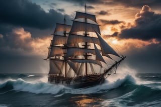 High quality picture, picture perfect, 8k, perfect details, an old sailing ship in the middle of the ocean on a stormy night with big waves, but the sailing ship is very big and can withstand the big waves, wooden ship، Dream ship, very beautiful ship, fantasy ship، night ، big moon ،the milky way ، Cloud on the half moon،A very amazing and beautiful image،foggy