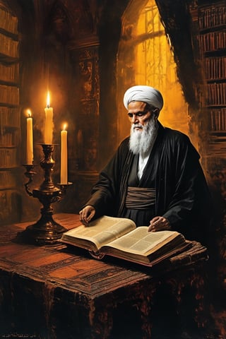 A wise old man and an Islamic scholar with an appearance similar to Ruhollah Khomeini, who wears a black turban. Sitting alone, shrouded in darkness, a mysterious white cloak wrapped around him. Behind him is a library room with a window in Islamic Damascene architecture filled with books and materials with old laboratory glassware. He holds an open book, the yellow pages lit by the soft glow of candles on a nearby stand. Flickering flames dance across her pale face, casting eerie shadows as she reads intently from an ancient tome. A skull rests on a plinth nearby, its blank gaze seeming to watch over the wise old scholar's quiet devotion.