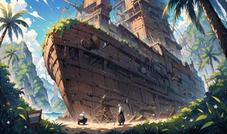 A really beautiful scene, a masterpiece, excellent quality, 8k, the center of the image is a large wooden ship being built between the slopes of the mountain and next to the ship is an old and strong man doing carpentry, a man with a white beard and long white hair, and many palm trees next to the ship. The scene is very beautiful, the scene tells of a strong old man building and carpentry of a large wooden ship