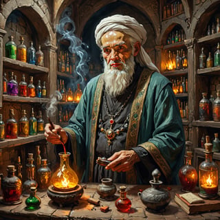 Realistic, award-winning, ultra-realistic, 8k, a 90-year-old traditional healer (((Sage))) making potions in his study. He has completely white hair, has a face similar to the great Islamic scholars like Ibn Sina, wears a turban, and wears a black and gray medieval dress with a high collar. that lights up an old castle room in Syria, (several brightly colored potion ampoules) on the shelves and a that lights the room with a living flame. Masterpiece, Super Detailed, Dynamic Poses, Fascinating, Amazing, Awesome, Detailed Face, Celestial, Very Beautiful, Digital Painting, Art Enhancer-Look below
