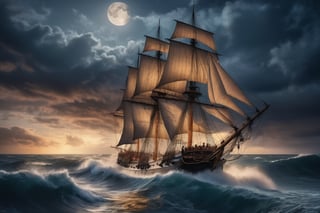 High quality picture, picture perfect, 8k, perfect details, an old sailing ship in the middle of the ocean on a stormy night with big waves, but the sailing ship is very big and can withstand the big waves, wooden ship، Dream ship, very beautiful ship, fantasy ship، night ، big moon ،the milky way ، Cloud on the half moon،A very amazing and beautiful image،foggy،Ships behind