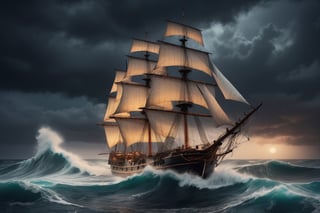 High quality picture, picture perfect, 8k, perfect details, an old sailing ship in the middle of the ocean on a stormy night with big waves, but the sailing ship is very big and can withstand the big waves, wooden ship