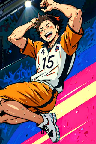 high quality, art, clean stroke, masterpiece, highly detailed, ( American plane ), alone, celebration, ( eyes closed, sweaty, happy, jumping ),black and orange volleyball uniform,  with number 10, detailed background ( volleyball court)