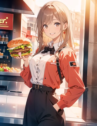 Masterpiece, Top Quality, High Definition, Artistic Composition,1 girl, offering hamburger in hand, smiling, hamburger store, date, POW, portrait