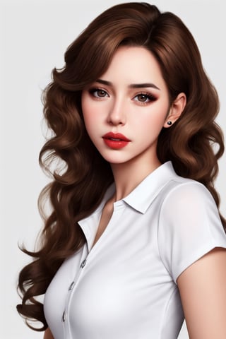 a hyper sensitive realistic girl, curly brown hair, black eyes, white shirt and top lips red view on viewer long girl slim body 