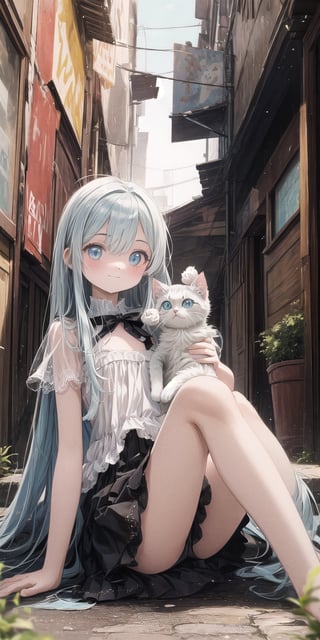 masterpiece, best quality, extremely detailed, (illustration, official art:1.1), 1 girl ,(((( light blue long hair)))), ,(((( light blue long hair)))),light blue hair, ,10 years old, long hair ((blush)) , cute face, big eyes, masterpiece, best quality,(((((a very delicate and beautiful girl))))),Amazing,beautiful detailed eyes,blunt bangs((((little delicate girl)))),tareme(true beautiful:1.2), sense of depth,dynamic angle,,,, affectionate smile, (true beautiful:1.2),,(tiny 1girl model:1.2),)(flat chest), (((masterpiece))), (SFW:1.5),best quality, high resolution, distinct image, (many (detailed) little cats) and one girl:1.3), mini skirt、 focus on cat, little (detailed) cats around girl,background is back alley, detasiled sunlight, sitting, girl looking viewer, side view, (cats looking viewer:1.2), sitting on the floor grasping knees, (happy:1.3) , (kitten)
,breakdomain,score_9,Score_9