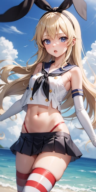 masterpiece, best quality, highres, skancolle, grey eyes, hairband, blonde hair, serafuku, neckerchief, crop top, gloves, elbow gloves, white gloves, navel, blue skirt, thighhighs, striped, striped thighhighs, ocean, clouds, :o, cowboy shot, blonde h