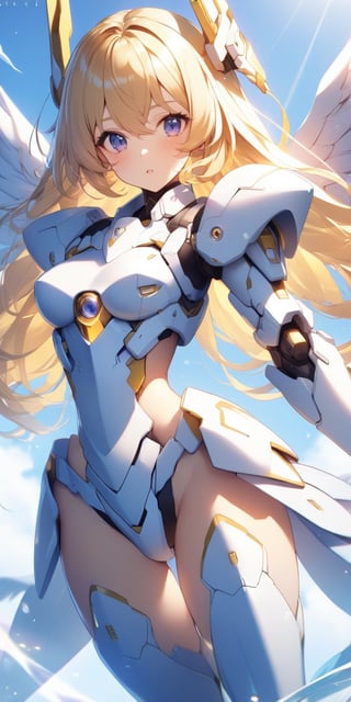  cowboy shot, mecha girl, white armor, angel impact, golden hair, Bing girl, day, sky scape, lens flare