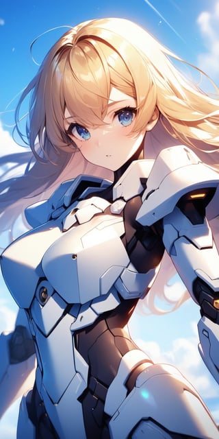  cowboy shot, mecha girl, white armor, angel impact, golden hair, Bing girl, day, sky scape, lens flare