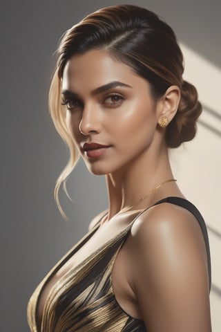 In this stunning 8K portrait, Deepika Padukone's captivating features are illuminated by soft rim ambient lighting, reminiscent of Jeremy Mann's artistic brushstrokes. Her sleek undercut hairstyle and photorealistic skin texture serve as a striking contrast against a subtle gradient background, where volumetric lighting adds depth and dimensionality. The model's symmetric eyes, perfectly framed within the golden ratio, draw attention to her alluring figure and prominent cleavage, exuding confidence and sophistication in this masterfully composed portrait.,Extremely Realistic