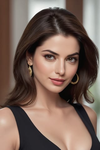 craft a hyper realistic vertical photo of Indian most attractive serious woman in her 30s, bra, panty, trending on artstation, portrait, digital art, modern, sleek, highly detailed, formal, determined, CEO, colorized, smooth, charming, pretty, soft smile, soft lips, black eyes, Half up half down hair, anne hathway,