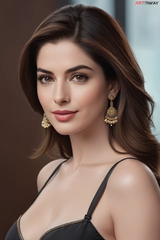 craft a hyper realistic vertical photo of Indian most attractive serious woman in her 30s, bra, panty, trending on artstation, portrait, digital art, modern, sleek, highly detailed, formal, determined, CEO, colorized, smooth, charming, pretty, soft smile, soft lips, black eyes, Half up half down hair, anne hathway,