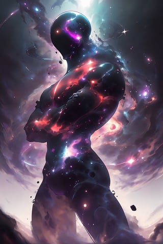 an amazing 3D anime-style illustration, where a galactic nebula takes the form of a giant male figure. With a splendid play of black and violet colors, this cosmic entity gracefully unfolds its arms, shaping and creating new solar systems in the vast universe. The male silhouette highlights the majesty and power of this galactic being while bringing cosmic creation to life with elegant and determined movements

,xyzabcplanets,Celestial Skin 