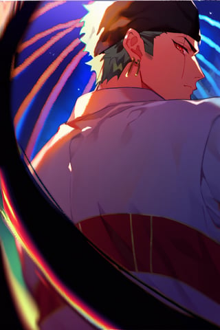 score_9, score_8_up, score_7_up, source_anime BREAK 1boy, solo, male focus,  roronoazoro, scar across eye, single earring, green hair, black bandana,  print jacket, white jacket, from behind, jeans, looking back, looking at viewer, dark, darkness, night, night sky
