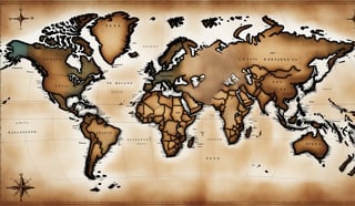 A vintage map of the world with a medium-sized X marked in the Atlantic, rendered in a classic, antique style.