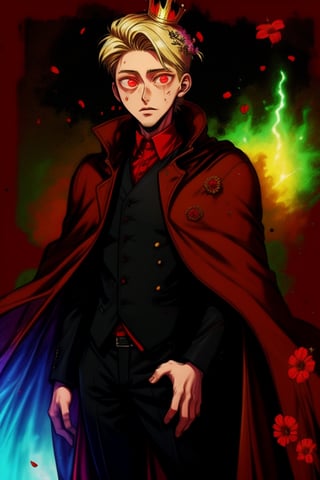 (Tall young handsome man, blonde, red eyes, glowing eyes, levi ackerman hairstyle,) coat, black coat, shirt, red shirt, pants, black pants, crown, king, cape, black waistcoat, ,Hanahaki disease, flower background