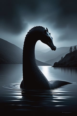 In the depths of Loch Ness, shrouded in darkness, the silhouette of Nessie looms ominously, a creature of mystery and myth. Its form, obscured by shadows, appears as a void of blackness against the inky depths of the water. Amidst the darkness, a bold question mark stands out, emblazoned in stark white against the creature's obsidian frame, a symbol of the enigma that surrounds it. Despite the countless sightings and endless speculation, the true nature of Nessie remains elusive, hidden behind a veil of uncertainty and intrigue. As visitors gaze upon the murky waters, their imaginations run wild with wonder and curiosity, pondering the secrets that lie beneath the surface. With each passing moment, the mystery of Nessie deepens, leaving all who encounter it with more questions than answers. ((4k, hyperrealistic, HD, High resolution, High details, Perfects hands, perfect face))