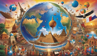 Create an image that depicts the impact and diversity of cultural influence in the modern world. In the center of the composition, place a globe surrounded by a variety of cultural symbols, such as flags, musical instruments, books, typical foods, traditional clothing, and iconic architectural elements. From the skyscrapers of a bustling metropolis to the pyramids of an ancient civilization, make the background showcase a variety of landscapes and scenarios that reflect the richness and complexity of cultures around the world. At the center of the globe, highlight an emblematic image that represents unity and connection among different cultures. Through this image, convey a message of respect, tolerance, and appreciation for the cultural diversity that enriches our global society.